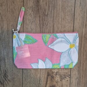 Lauren James Pink White Embroidered Magnolia Accessory Bag 9x5" NWT